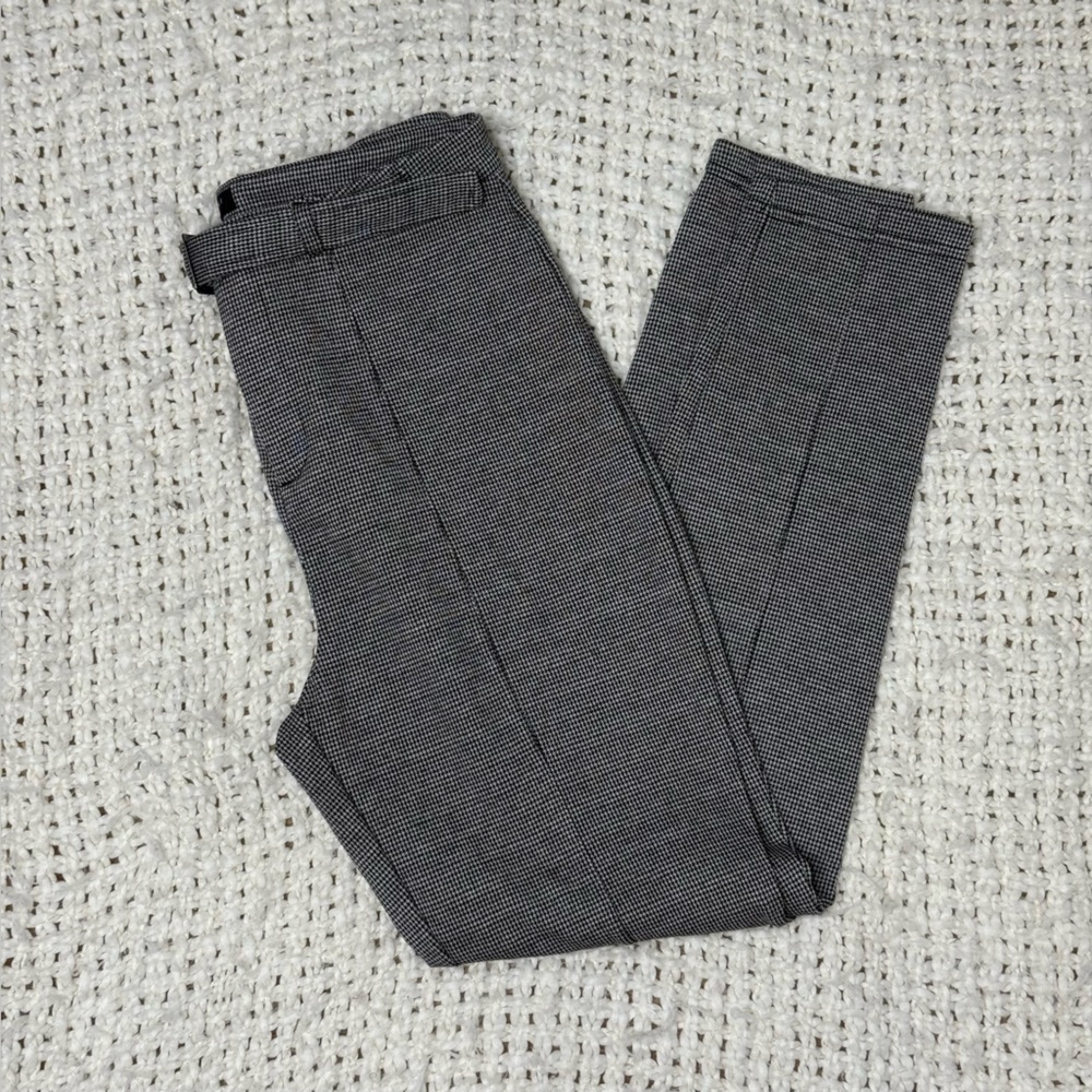 Gray Checkered Long Capri Pants/ Business Casual Pants with faux belt